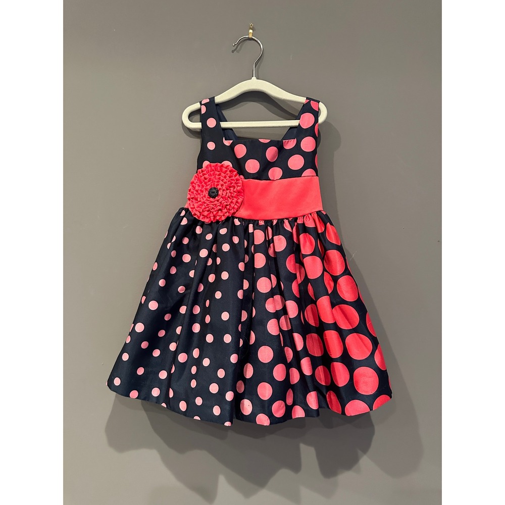 Iris & Ivy Cute Girls Navy Pink Polka Dot Party Dress Floral Sash Bow 2T